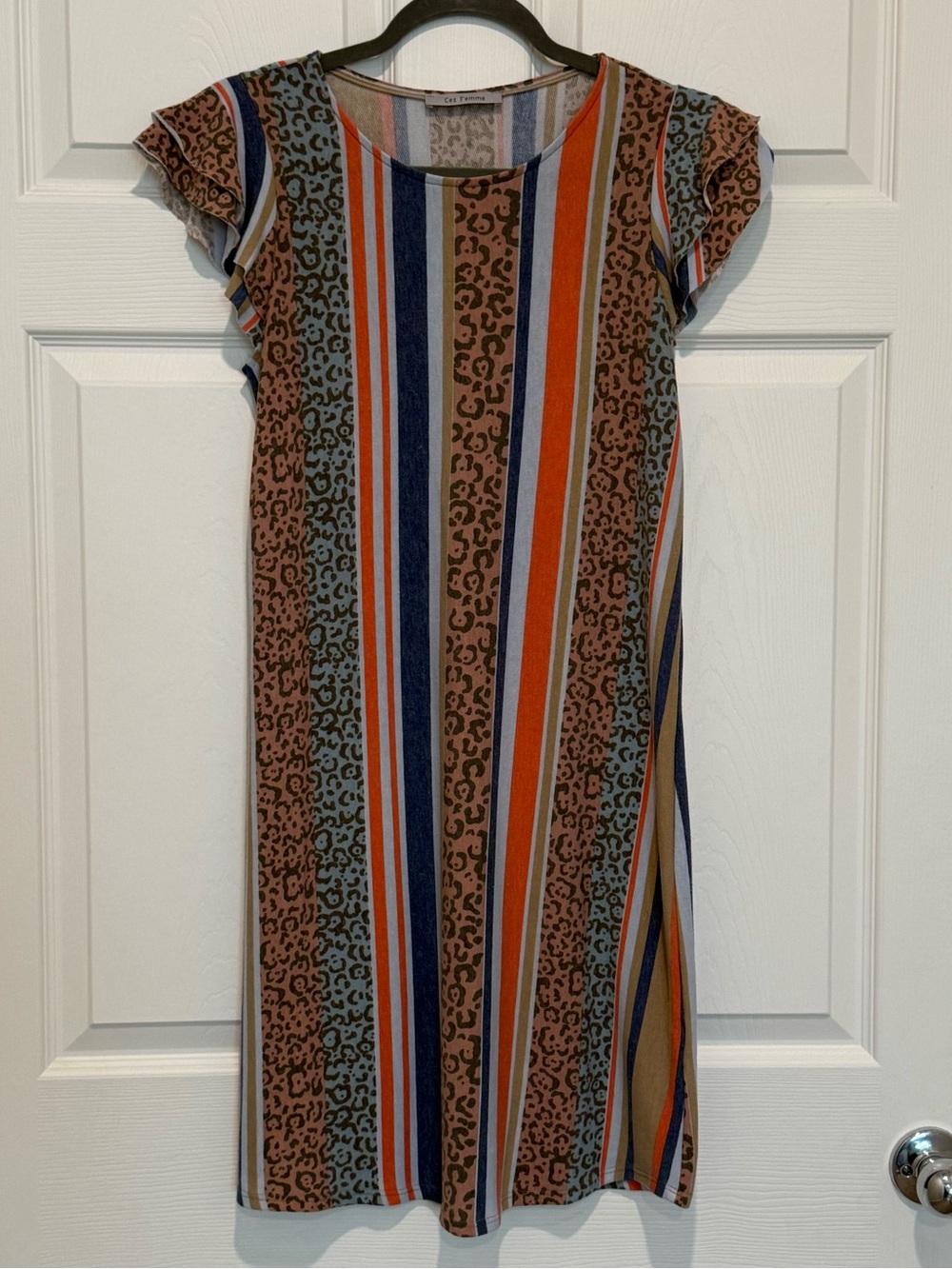 Ces Femme Striped & Leopard-Print Mini Dress in Rust, Navy, Light Blue, Tan